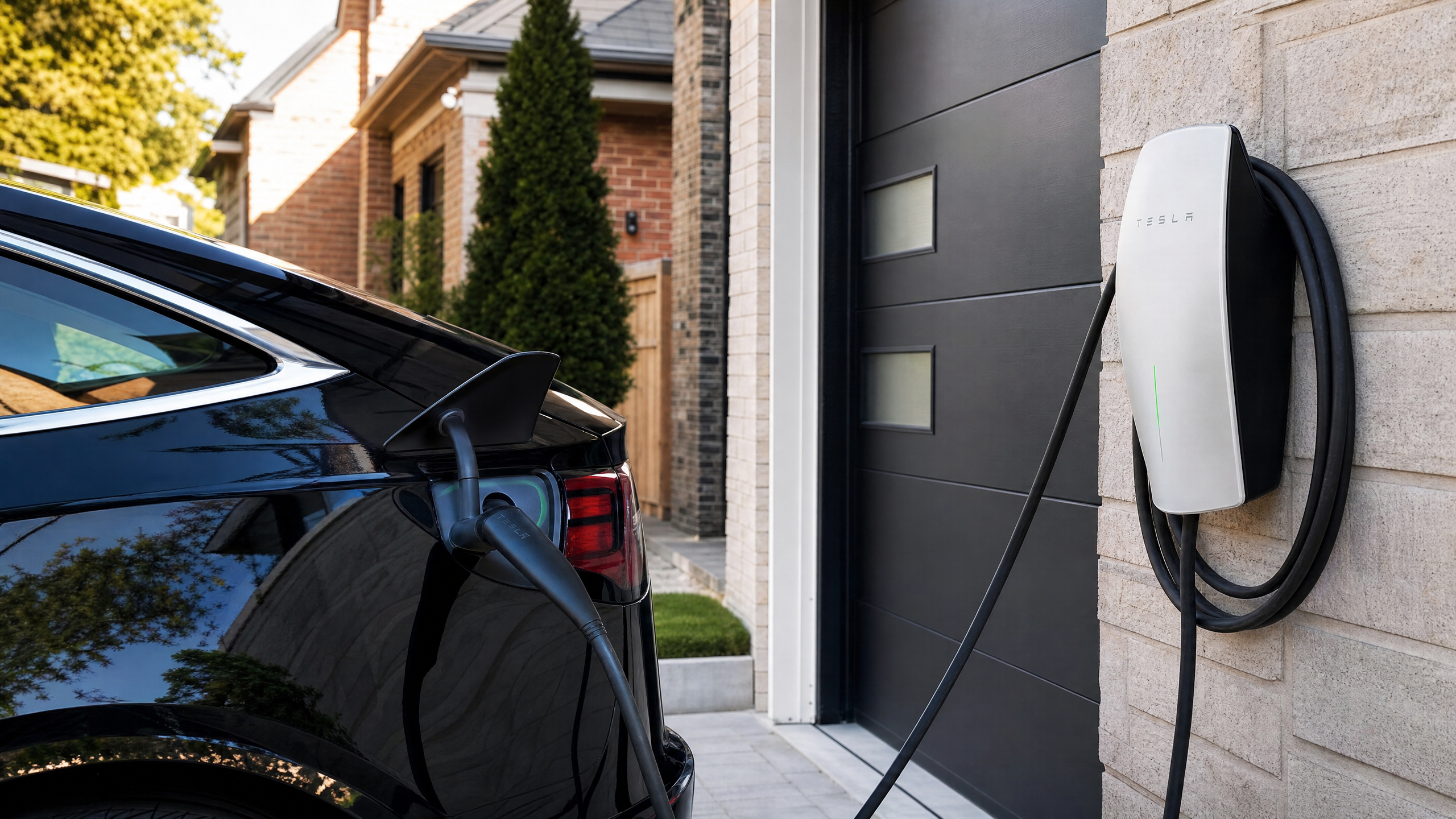 Tesla plugged into Level 2 home charger